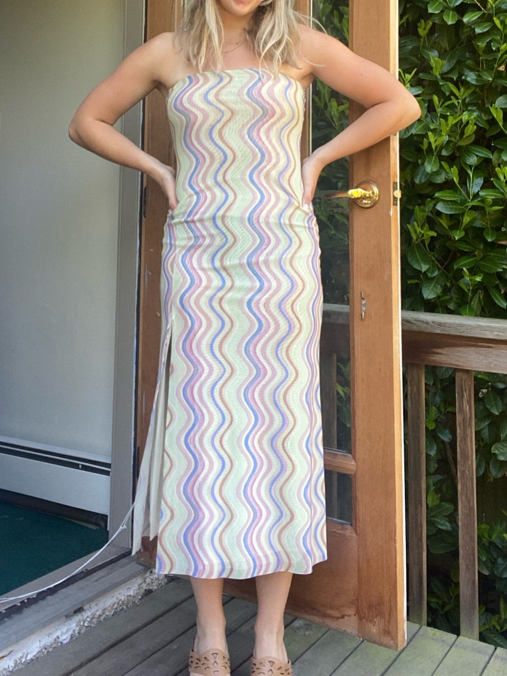 Zara Strapless Wave-Print Midi Dress in Pastel Hues
